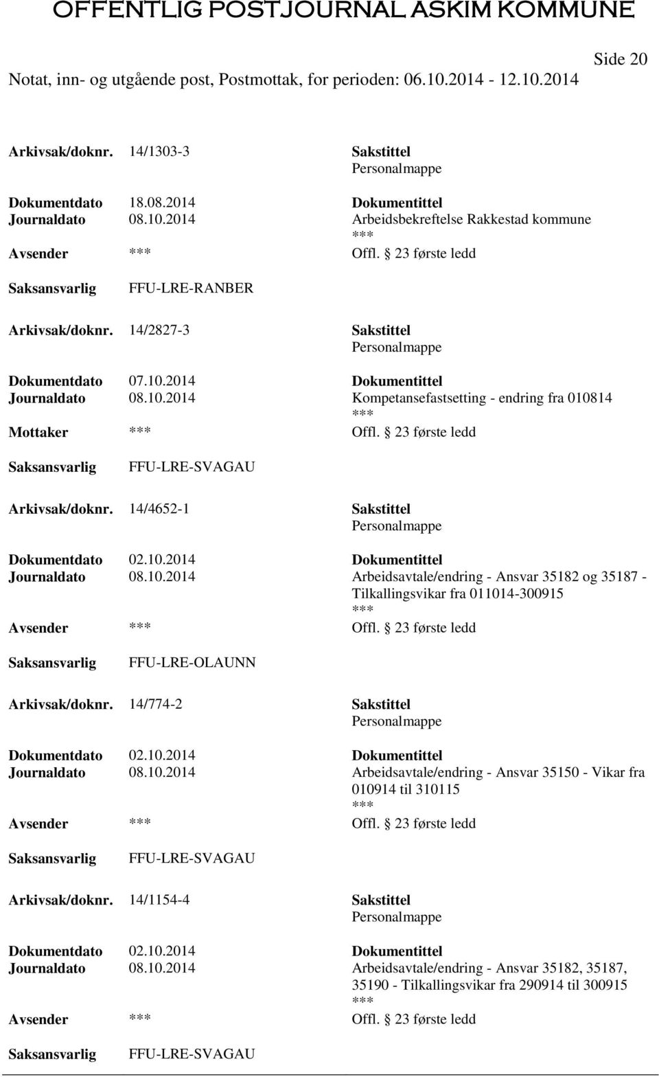 10.2014 Dokumentittel Journaldato 08.10.2014 Arbeidsavtale/endring - Ansvar 35182 og 35187 - Tilkallingsvikar fra 011014-300915 Offl. 23 første ledd FFU-LRE-OLAUNN Arkivsak/doknr.