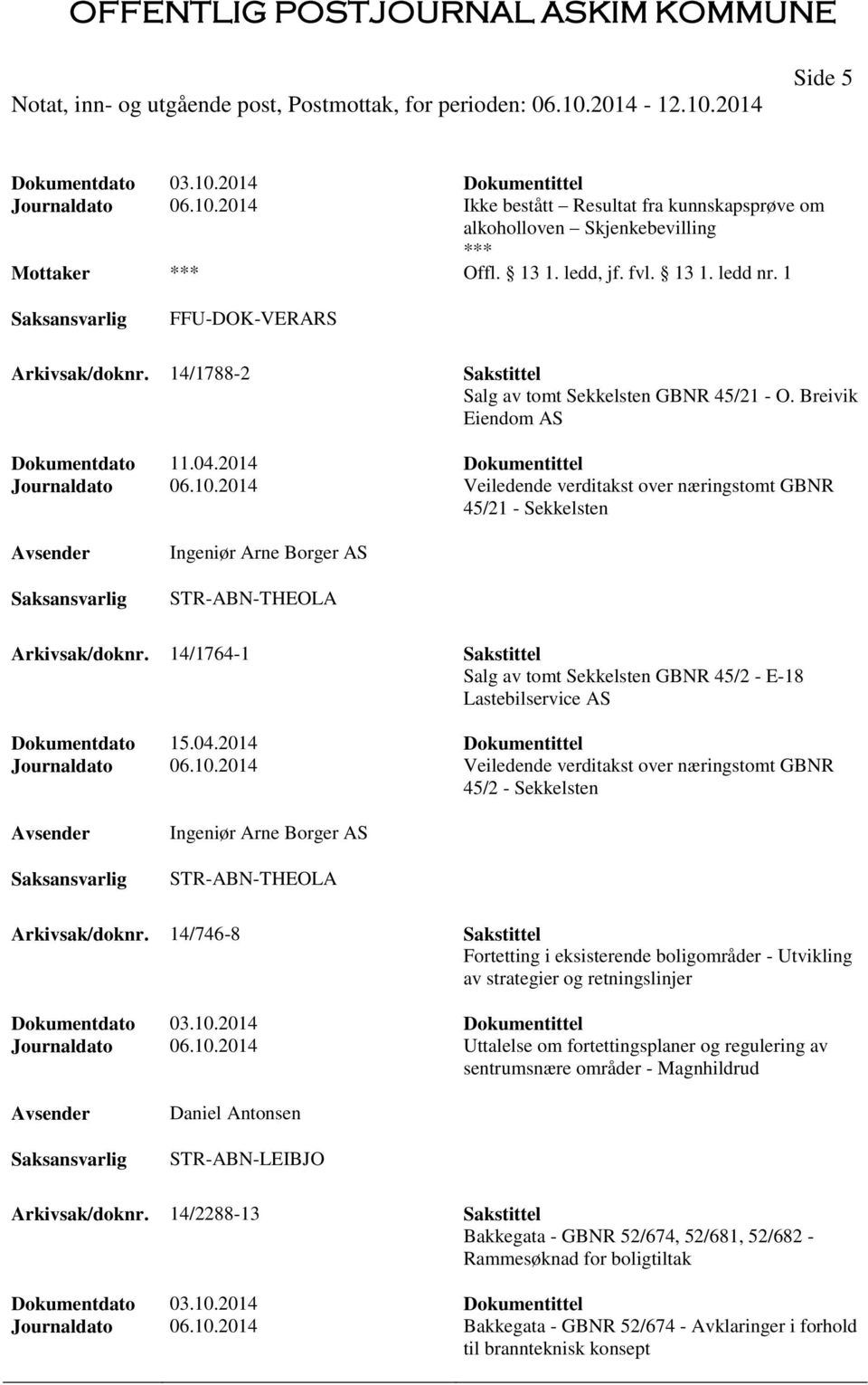 2014 Veiledende verditakst over næringstomt GBNR 45/21 - Sekkelsten Ingeniør Arne Borger AS STR-ABN-THEOLA Arkivsak/doknr.