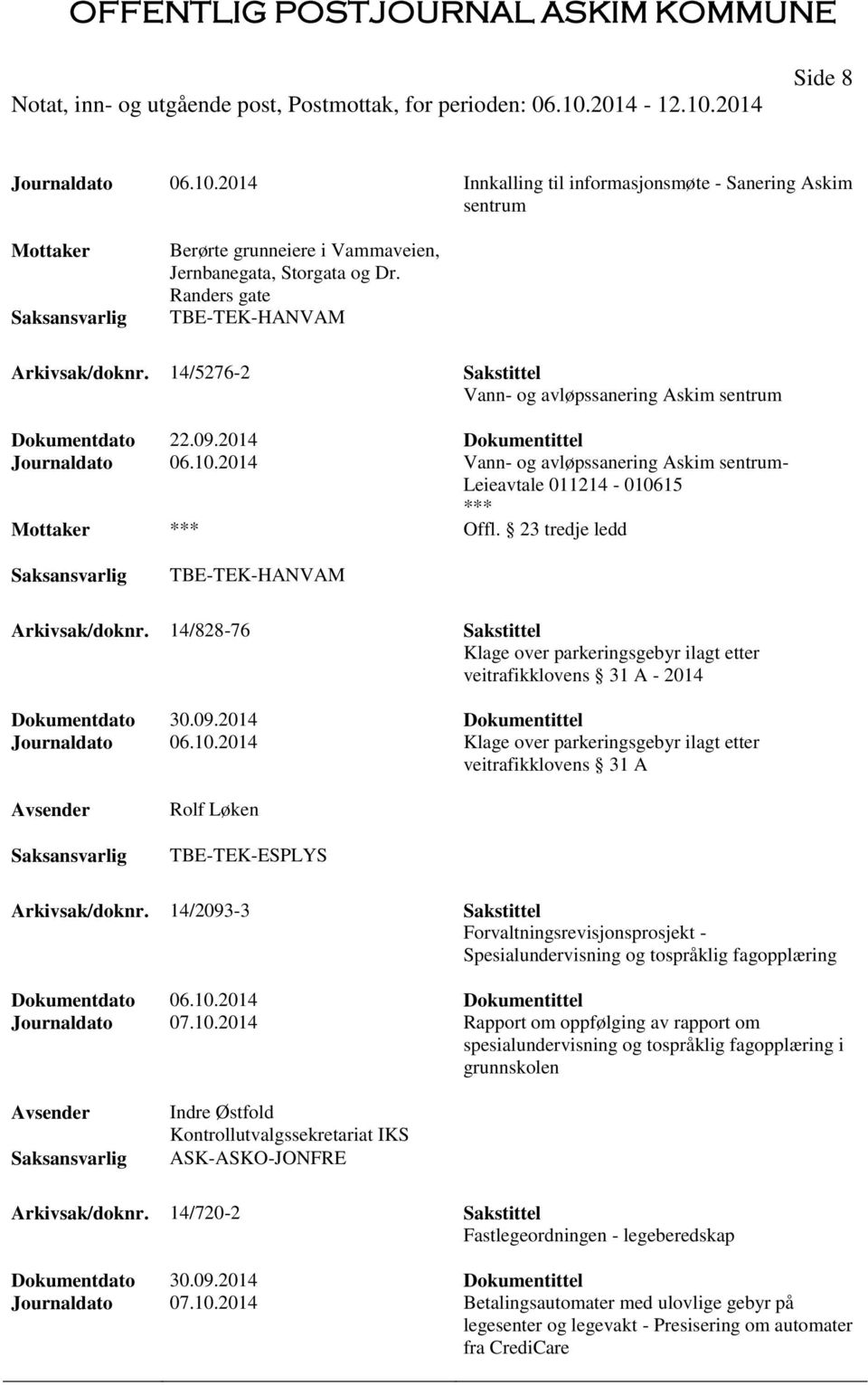 23 tredje ledd TBE-TEK-HANVAM Arkivsak/doknr. 14/828-76 Sakstittel Klage over parkeringsgebyr ilagt etter veitrafikklovens 31 A - 2014 Dokumentdato 30.09.2014 Dokumentittel Journaldato 06.10.