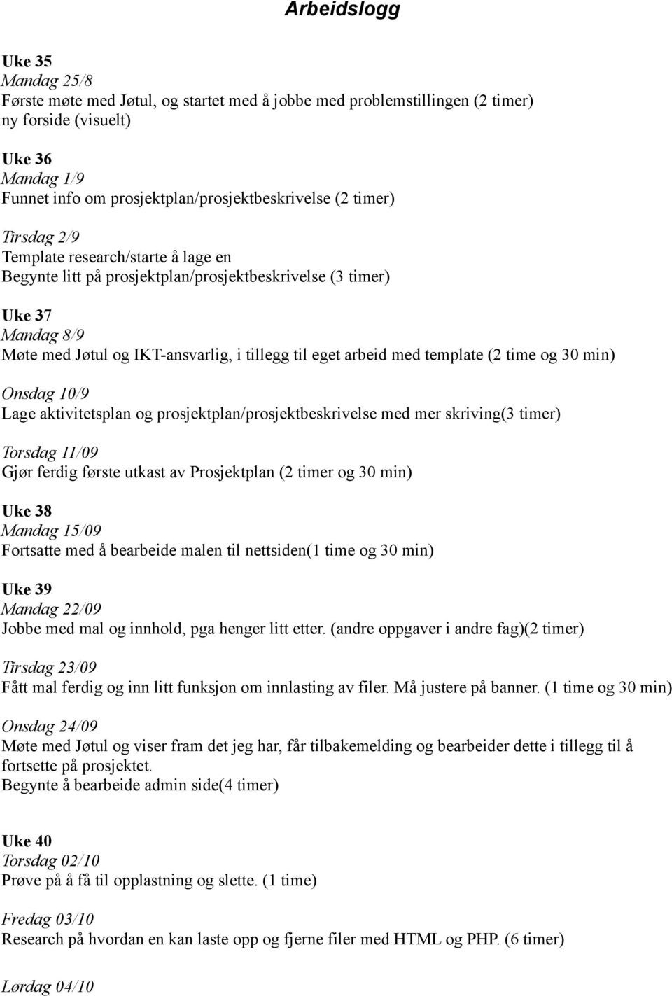 template (2 time og 30 min) Onsdag 10/9 Lage aktivitetsplan og prosjektplan/prosjektbeskrivelse med mer skriving(3 timer) Torsdag 11/09 Gjør ferdig første utkast av Prosjektplan (2 timer og 30 min)