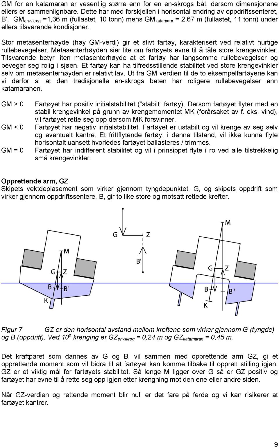 Stor metasenterhøyde (høy GM-verdi) gir et stivt fartøy, karakterisert ved relativt hurtige rullebevegelser. Metasenterhøyden sier lite om fartøyets evne til å tåle store krengevinkler.