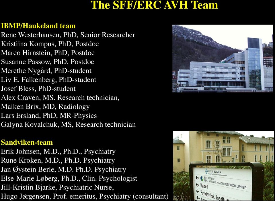 Research technician, Maiken Brix, MD, Radiology Lars Ersland, PhD, MR-Physics Galyna Kovalchuk, MS, Research technician The SFF/ERC AVH Team Sandviken-team Erik