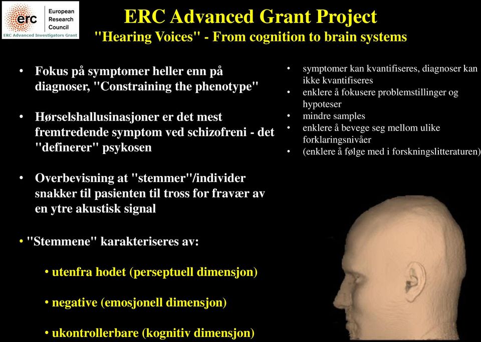 hypoteser mindre samples enklere å bevege seg mellom ulike forklaringsnivåer (enklere å følge med i forskningslitteraturen) Overbevisning at "stemmer"/individer snakker til