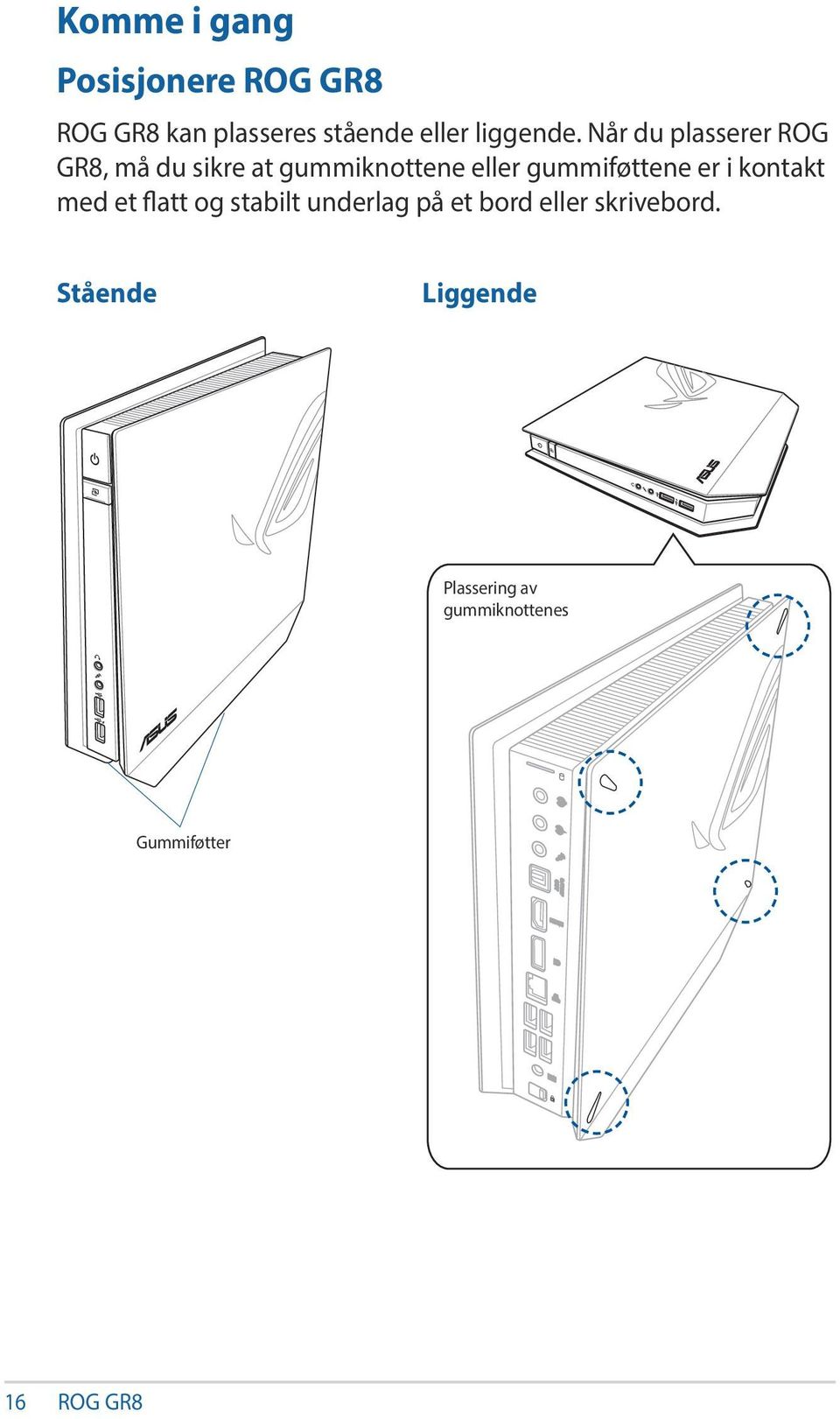 Når du plasserer ROG GR8, må du sikre at gummiknottene eller gummiføttene