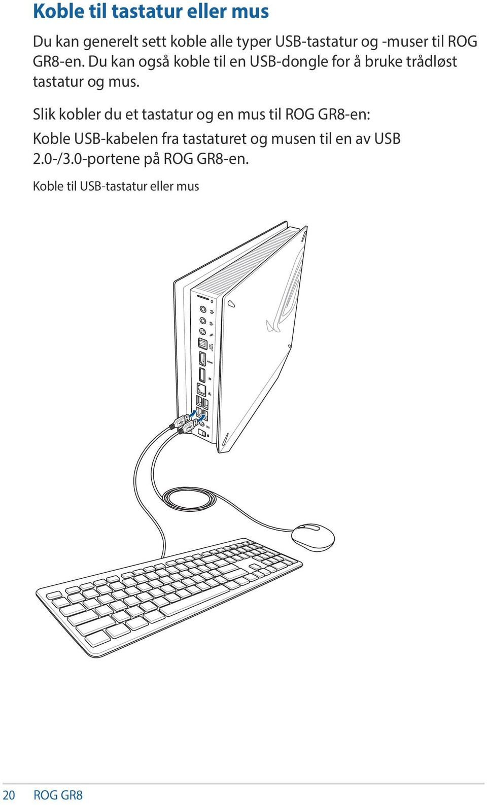Slik kobler du et tastatur og en mus til ROG GR8-en: Koble USB-kabelen fra tastaturet og