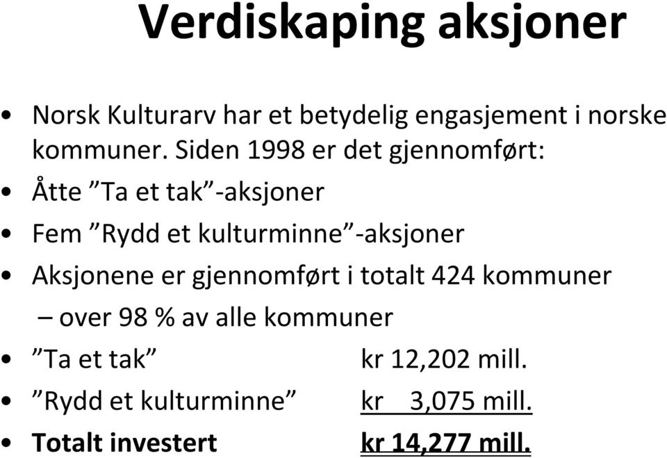 -aksjoner Aksjonene er gjennomført i totalt 424 kommuner over 98 % av alle kommuner