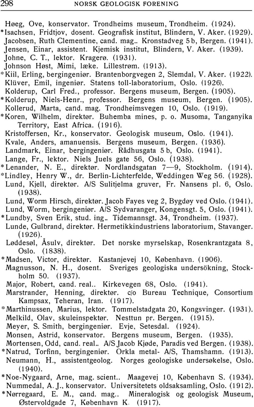 Johnson Høst, Mimi, læke. Lillestrøm. (19 13). ' Kiil, Erling, bergingeniør. Brantenborgvegen 2, Slemdal, V. Aker. (1922). Kliiver, Emil, ingeniør. Statens toll-laboratorium, Oslo. (1926).
