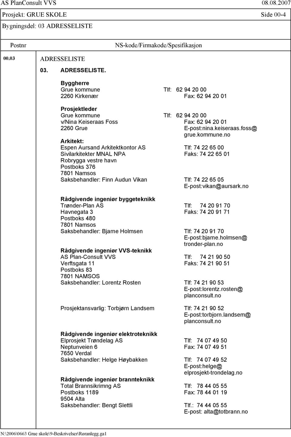 03. ADRESSELISTE. Byggherre Grue kommune Tlf: 62 94 20 00 2260 Kirkenær Fax: 62 94 20 01 Prosjektleder Grue kommune Tlf: 62 94 20 00 v/nina Keiseraas Foss Fax: 62 94 20 01 2260 Grue E-post:nina.