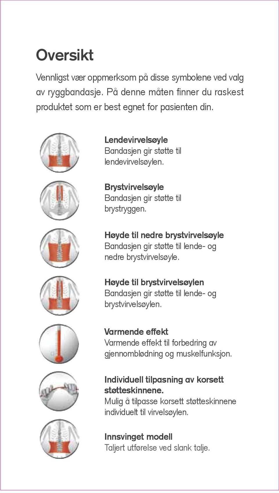 Høyde til nedre brystvirvelsøyle Bandasjen gir støtte til lende- og nedre brystvirvelsøyle. Høyde til brystvirvelsøylen Bandasjen gir støtte til lende- og brystvirvelsøylen.