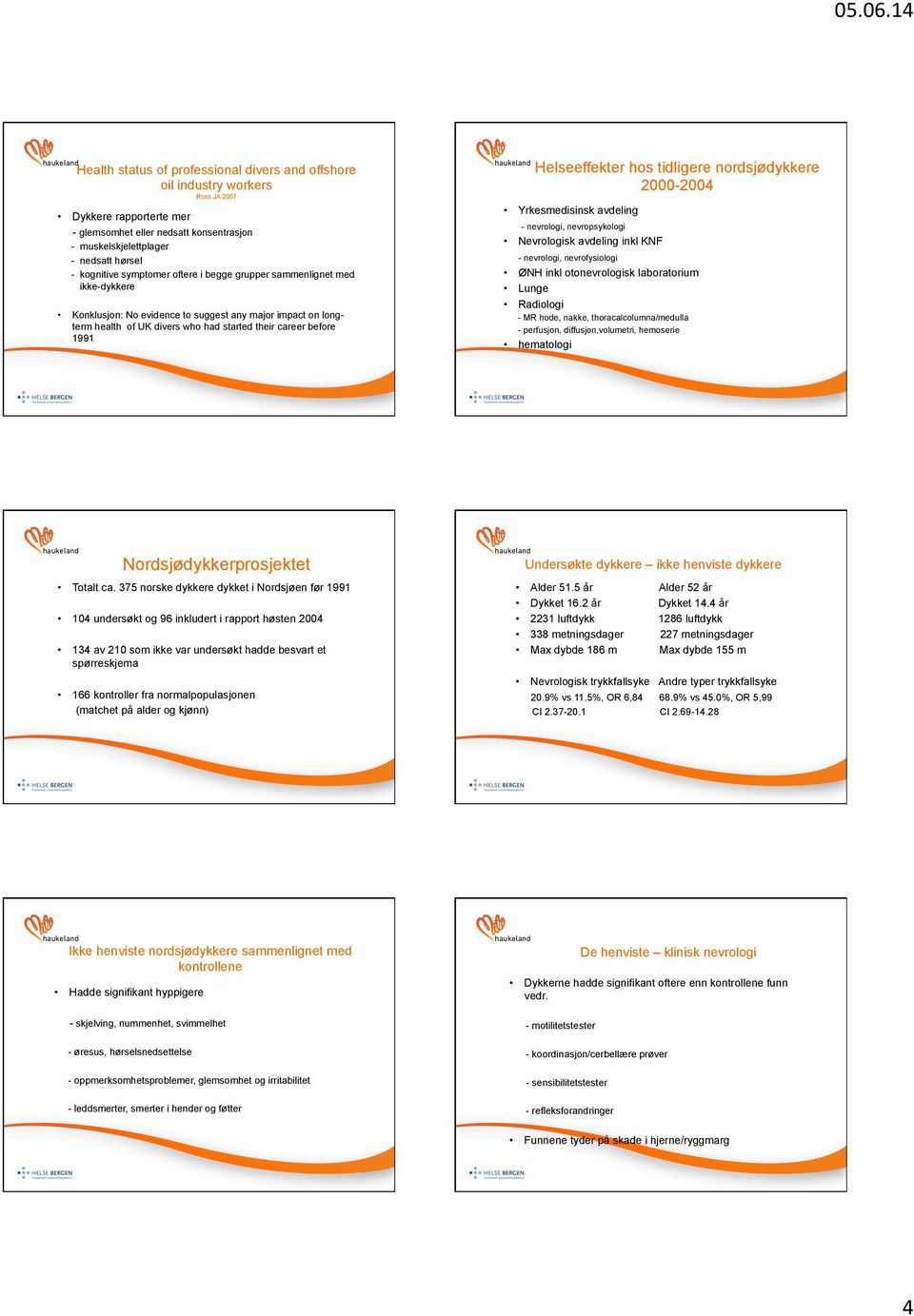 Helseeffekter hos tidligere nordsjødykkere 2000-2004 Yrkesmedisinsk avdeling - nevrologi, nevropsykologi Nevrologisk avdeling inkl KNF - nevrologi, nevrofysiologi ØNH inkl otonevrologisk laboratorium