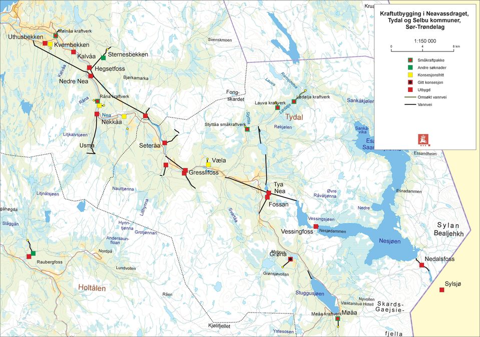 sjødmmen Nesjøen Mo bru Grøn Lundvollen Holtålen Konsesjonsfritt Vessingsjøen Grotjønnn Nordpå Rubergfoss Fossn tå Andersunflon Øvre Råvåtjønn r Sv Hynntjønn Slåggån Andre søknder Gresslifoss Ty Ne