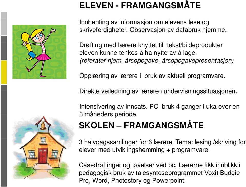 (referater hjem, årsoppgave, årsoppgavepresentasjon) Opplæring av lærere i bruk av aktuell programvare. Direkte veiledning av lærere i undervisningssituasjonen. Intensivering av innsats.