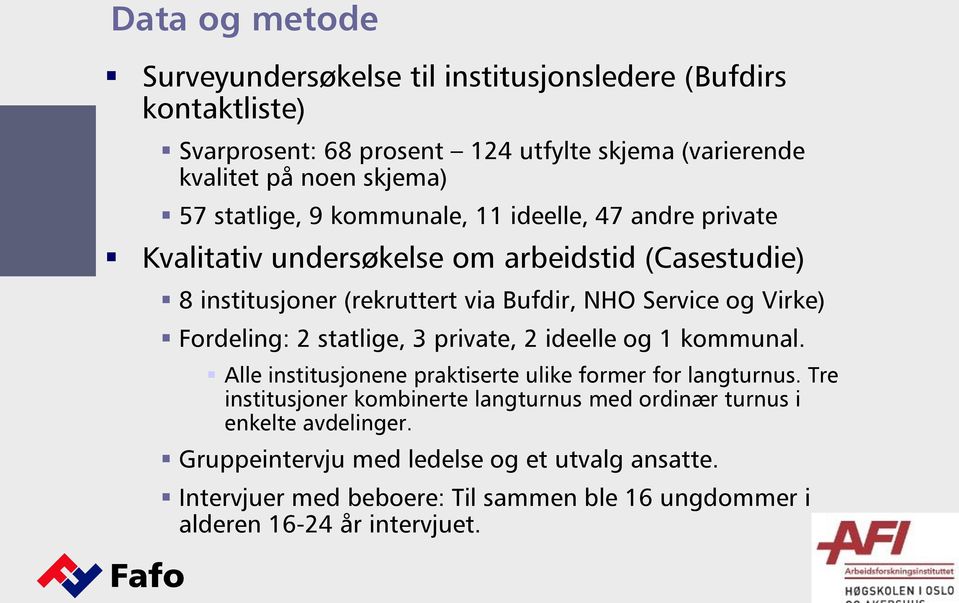 Fordeling: 2 statlige, 3 private, 2 ideelle og 1 kommunal. Alle institusjonene praktiserte ulike former for langturnus.