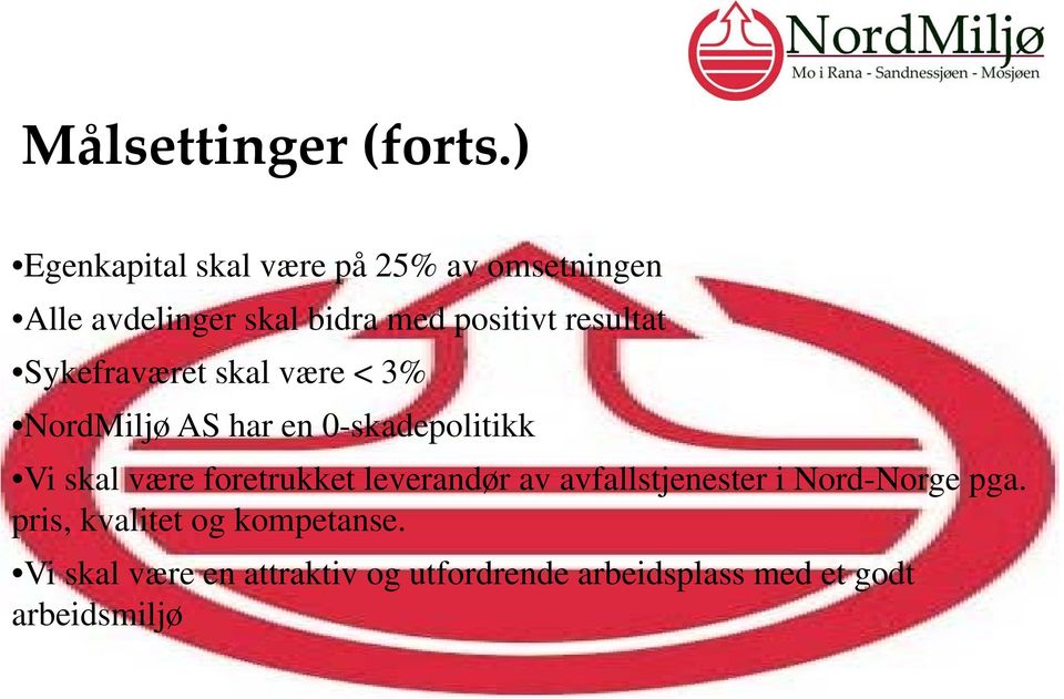 resultat Sykefraværet skal være < 3% NordMiljø AS har en 0-skadepolitikk Vi skal være