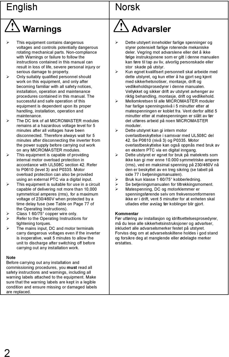 Only suitably qualified personnel should work on this equipment, and only after becoming familiar with all safety notices, installation, operation and maintenance procedures contained in this manual.