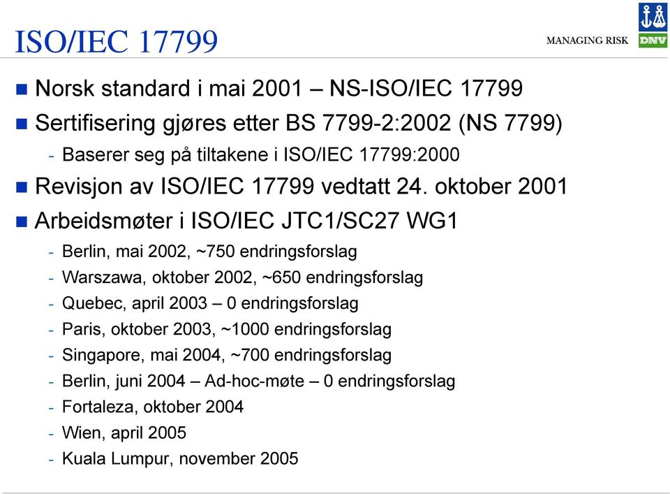 oktober 2001 Arbeidsmøter i ISO/IEC JTC1/SC27 WG1 - Berlin, mai 2002, ~750 endringsforslag - Warszawa, oktober 2002, ~650 endringsforslag -