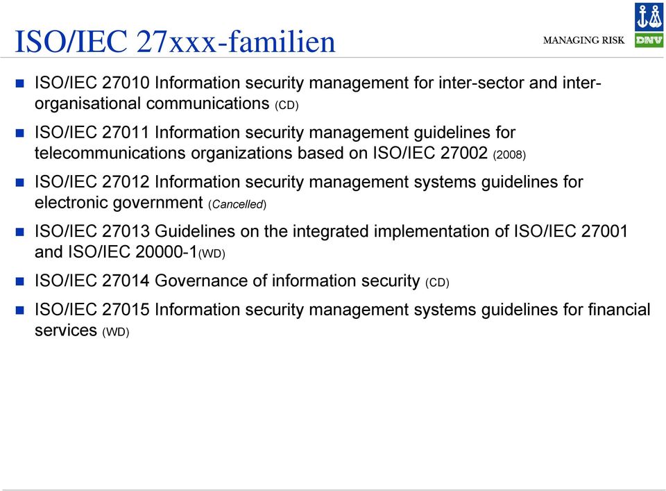 management systems guidelines for electronic government (Cancelled) ISO/IEC 27013 Guidelines on the integrated implementation of ISO/IEC 27001 and
