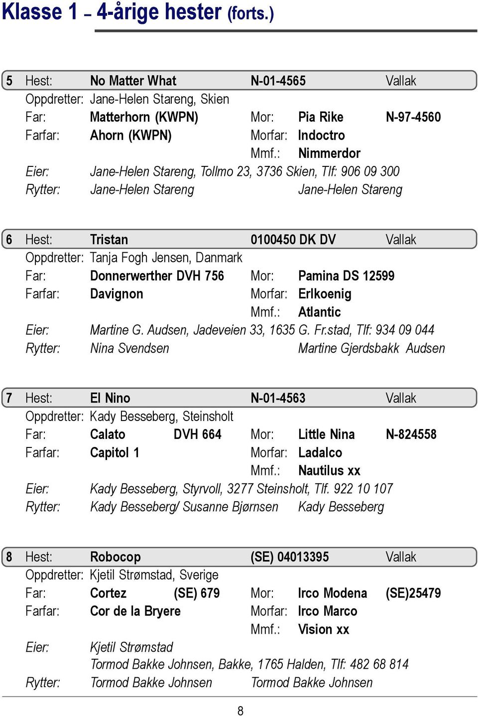 Far: Donnerwerther DVH 756 Mor: Pamina DS 12599 Farfar: Davignon Morfar: Erlkoenig Mmf.: Atlantic Eier: Martine G. Audsen, Jadeveien 33, 1635 G. Fr.