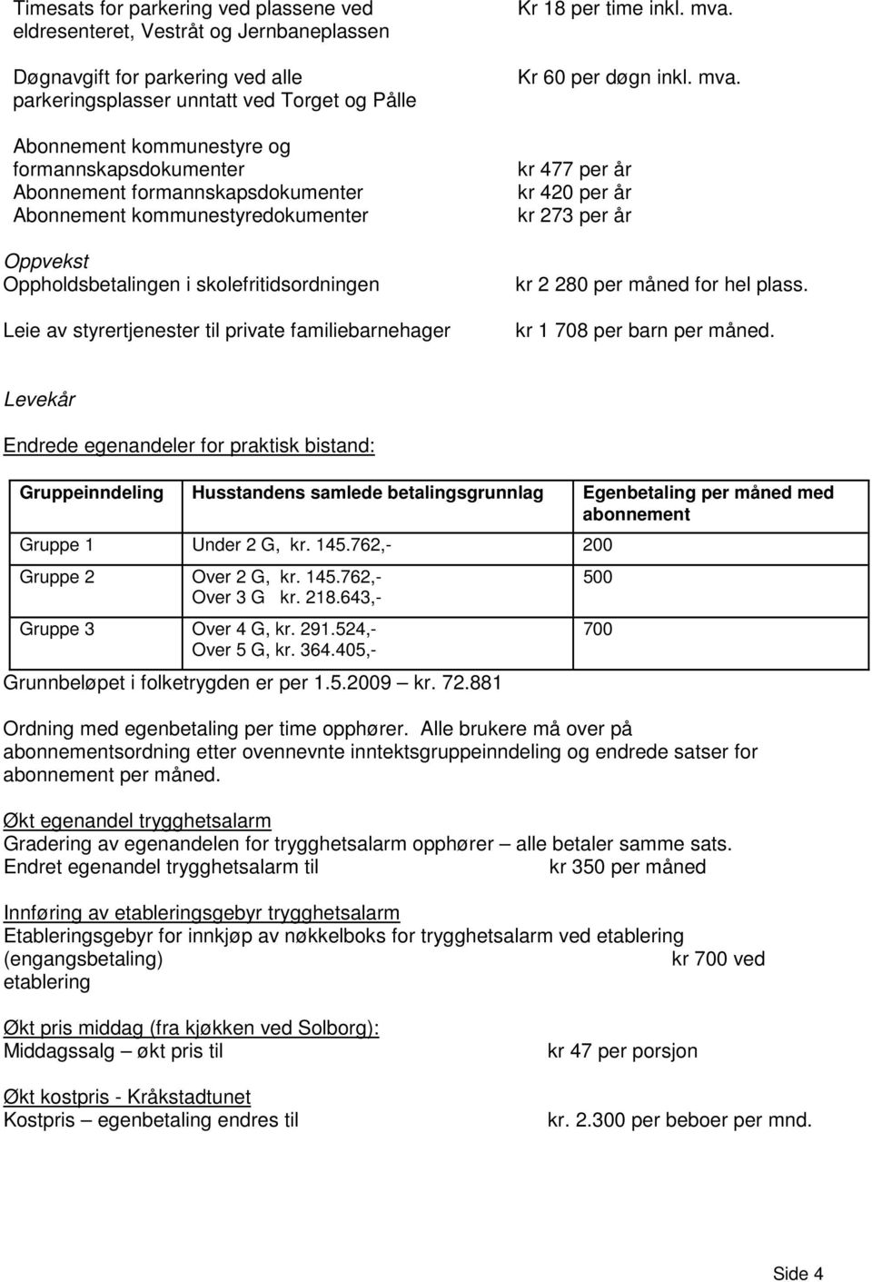 18 per time inkl. mva. Kr 60 per døgn inkl. mva. kr 477 per år kr 420 per år kr 273 per år kr 2 280 per måned for hel plass. kr 1 708 per barn per måned.