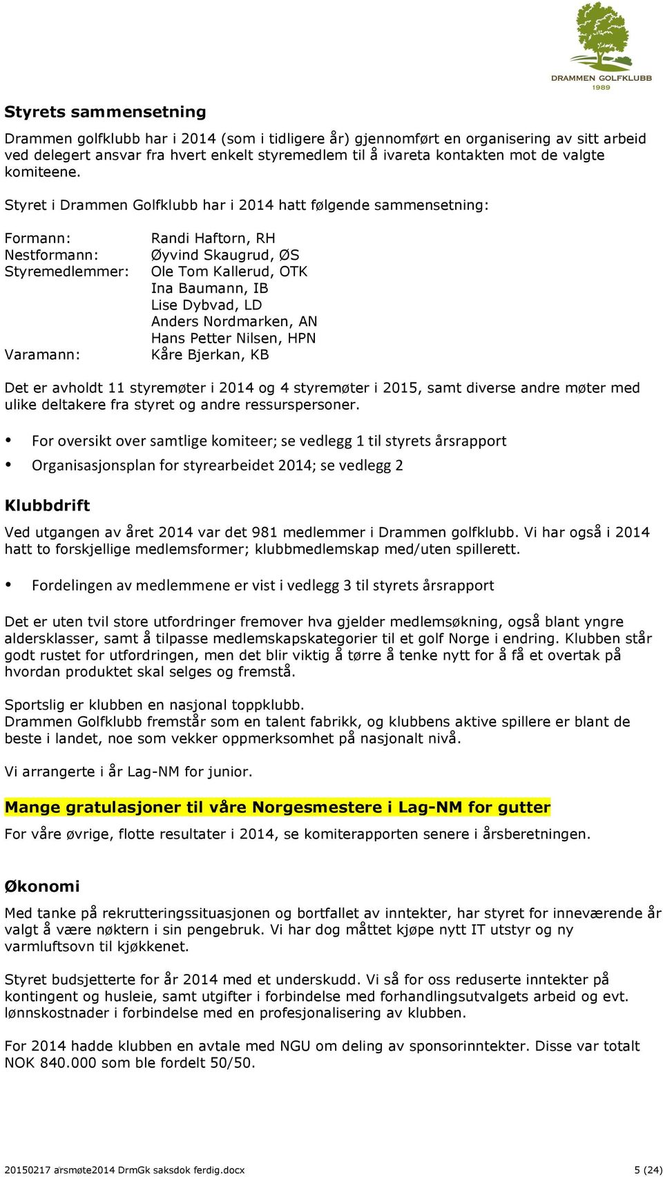 Styret i Drammen Golfklubb har i 2014 hatt følgende sammensetning: Formann: Nestformann: Styremedlemmer: Varamann: Randi Haftorn, RH Øyvind Skaugrud, ØS Ole Tom Kallerud, OTK Ina Baumann, IB Lise