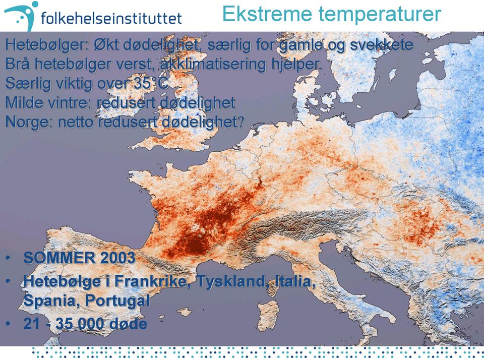 Særlig viktig over 35 C Milde vintre: redusert dødelighet Norge: netto