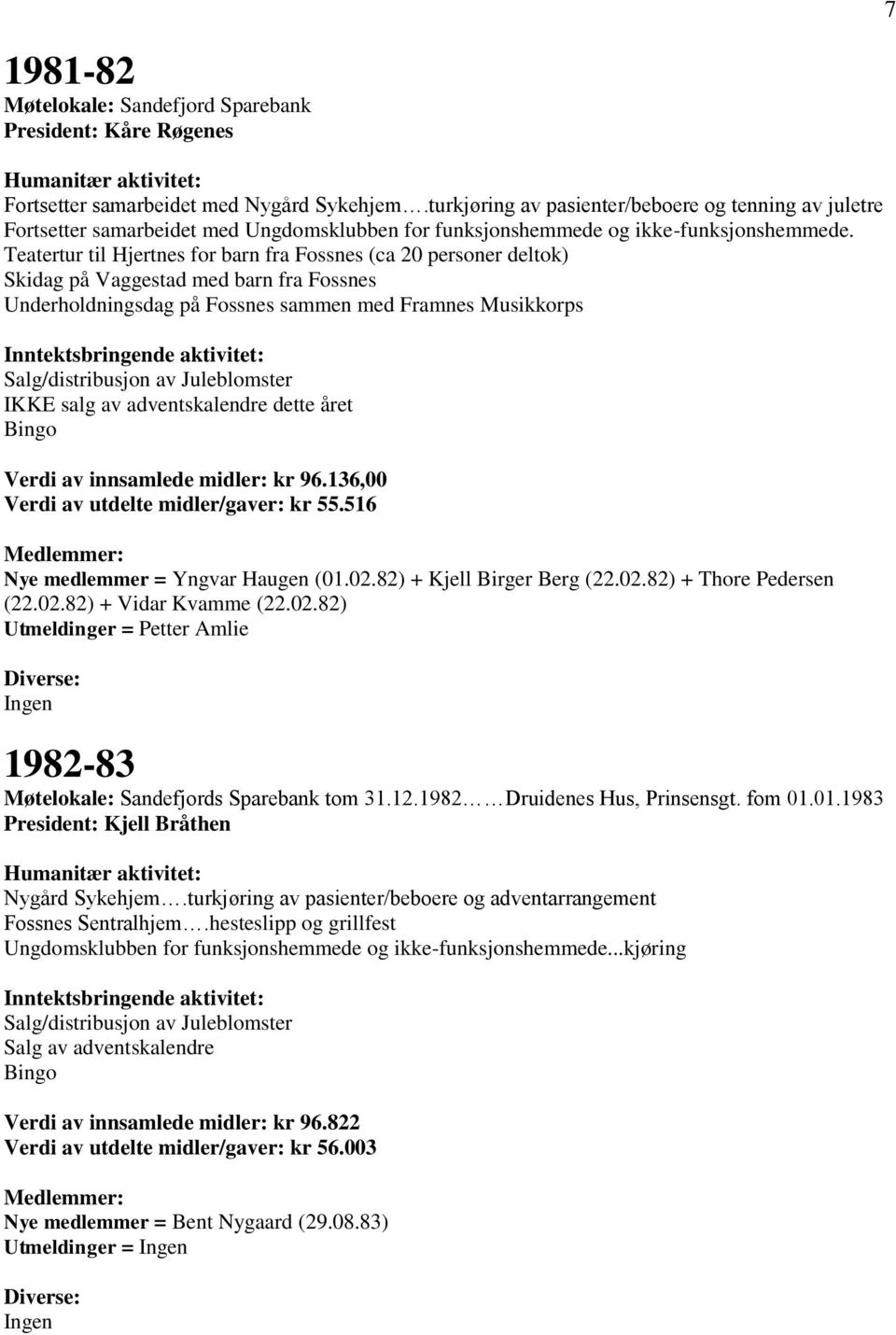 Teatertur til Hjertnes for barn fra Fossnes (ca 20 personer deltok) Skidag på Vaggestad med barn fra Fossnes Underholdningsdag på Fossnes sammen med Framnes Musikkorps IKKE salg av adventskalendre