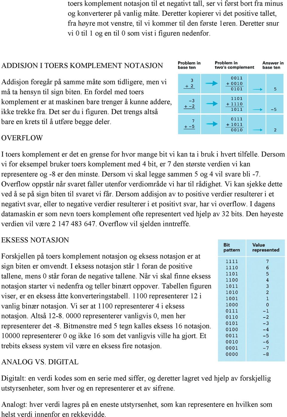 ADDISJON I TOERS KOMPLEMENT NOTASJON Addisjon foregår på samme måte som tidligere, men vi må ta hensyn til sign biten.