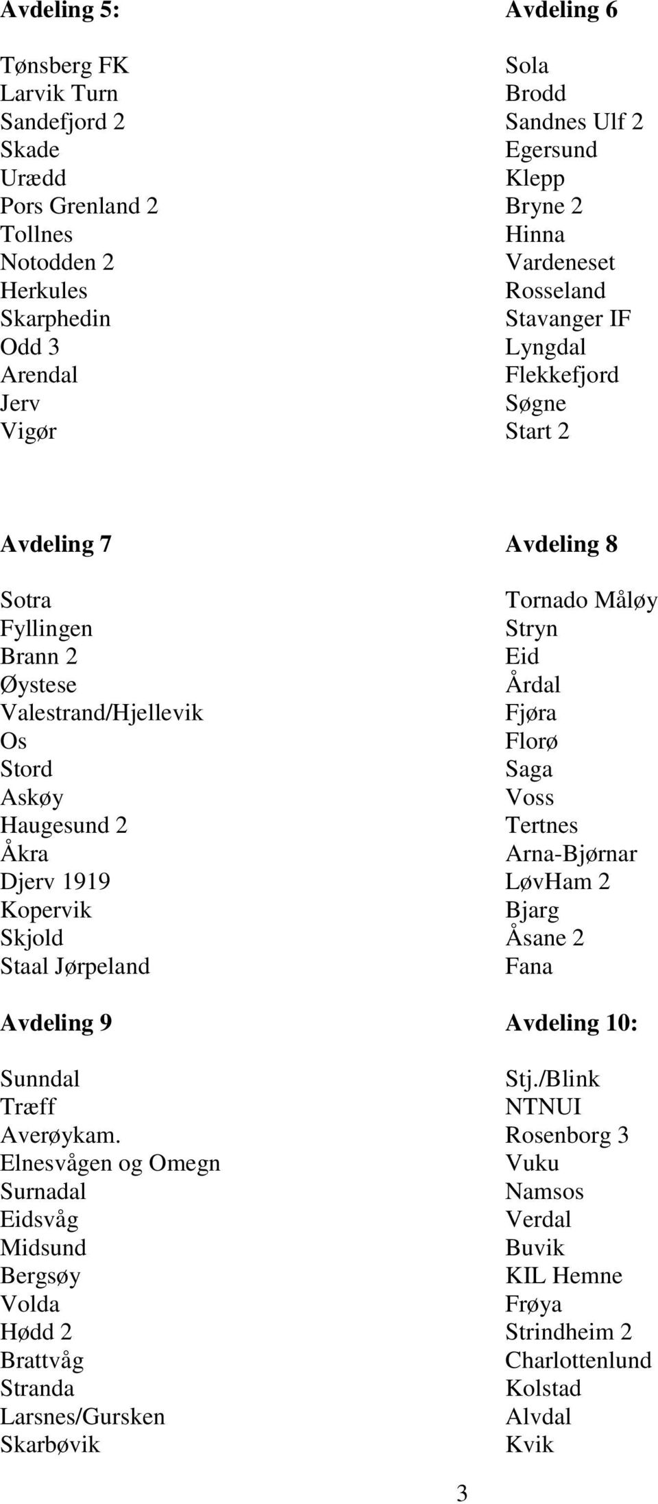 Florø Stord Saga Askøy Voss Haugesund 2 Tertnes Åkra Arna-Bjørnar Djerv 1919 LøvHam 2 Kopervik Bjarg Skjold Åsane 2 Staal Jørpeland Fana Avdeling 9 Avdeling 10: Sunndal Stj.