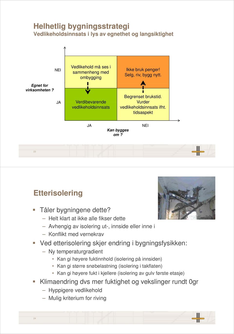 tidsaspekt JA Kan bygges om? NEI 23 Etterisolering Tåler bygningene g dette?