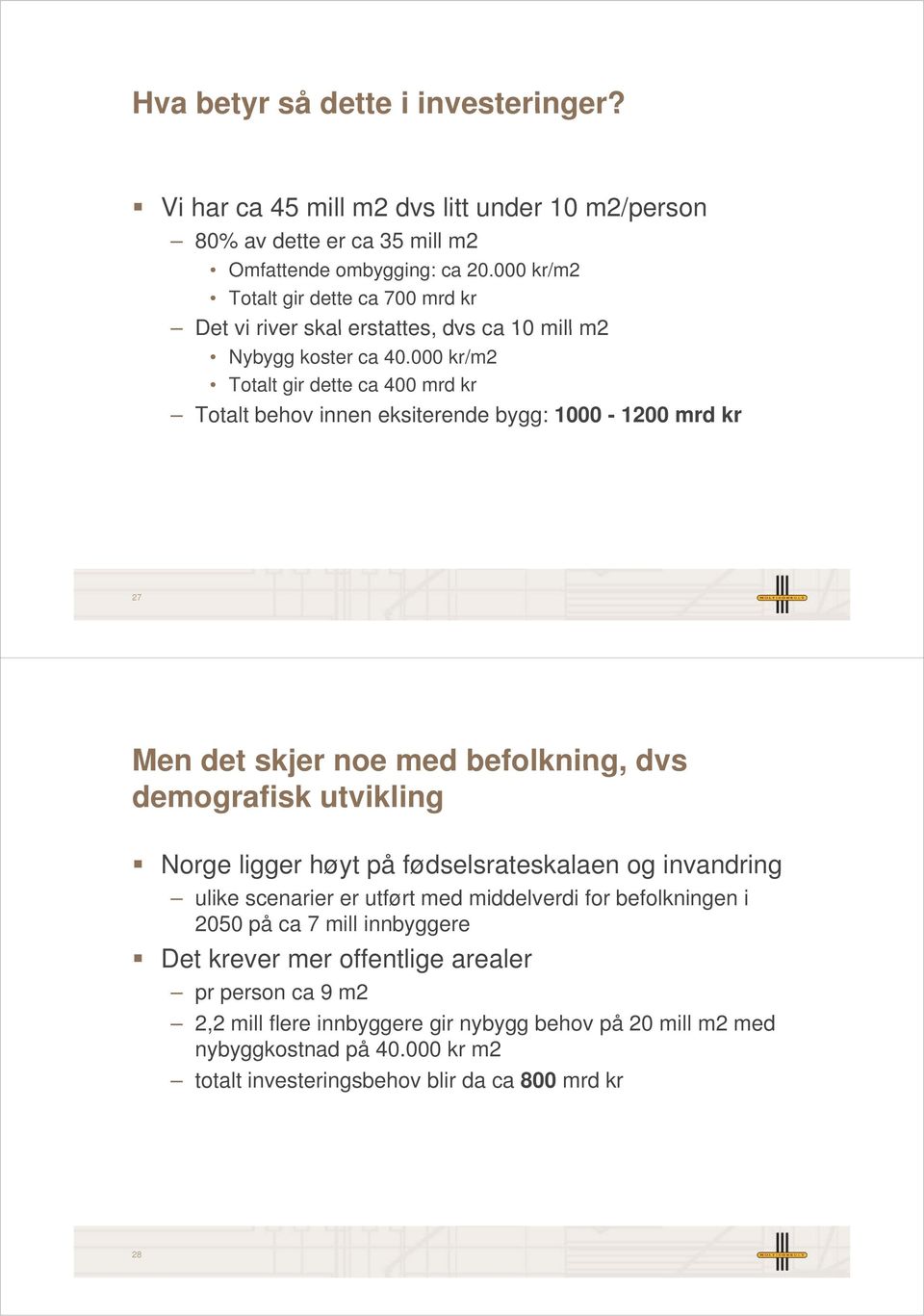 000 kr/m2 Totalt gir dette ca 400 mrd kr Totalt behov innen eksiterende bygg: 1000-1200 mrd kr 27 Men det skjer noe med befolkning, dvs demografisk utvikling Norge ligger høyt på