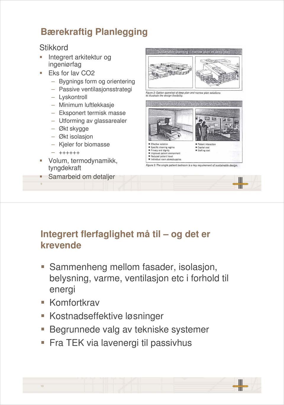 termodynamikk, tyngdekraft Samarbeid om detaljer 9 Integrert flerfaglighet må til og det er krevende Sammenheng mellom fasader, isolasjon, belysning,