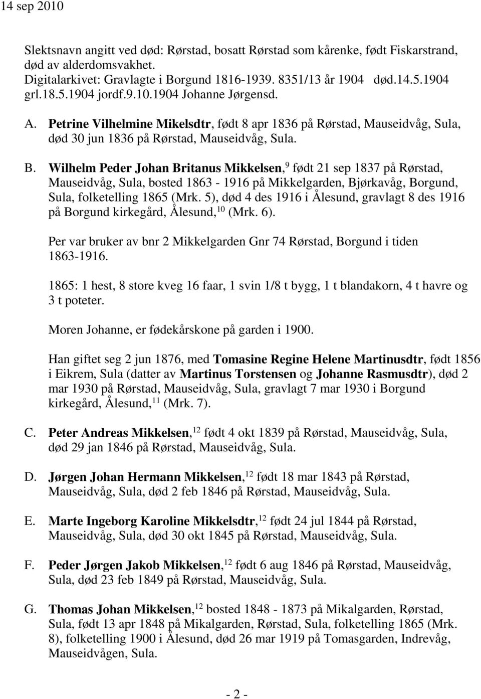 Wilhelm Peder Johan Britanus Mikkelsen, 9 født 21 sep 1837 på Rørstad, Mauseidvåg, Sula, bosted 1863-1916 på Mikkelgarden, Bjørkavåg, Borgund, Sula, folketelling 1865 (Mrk.