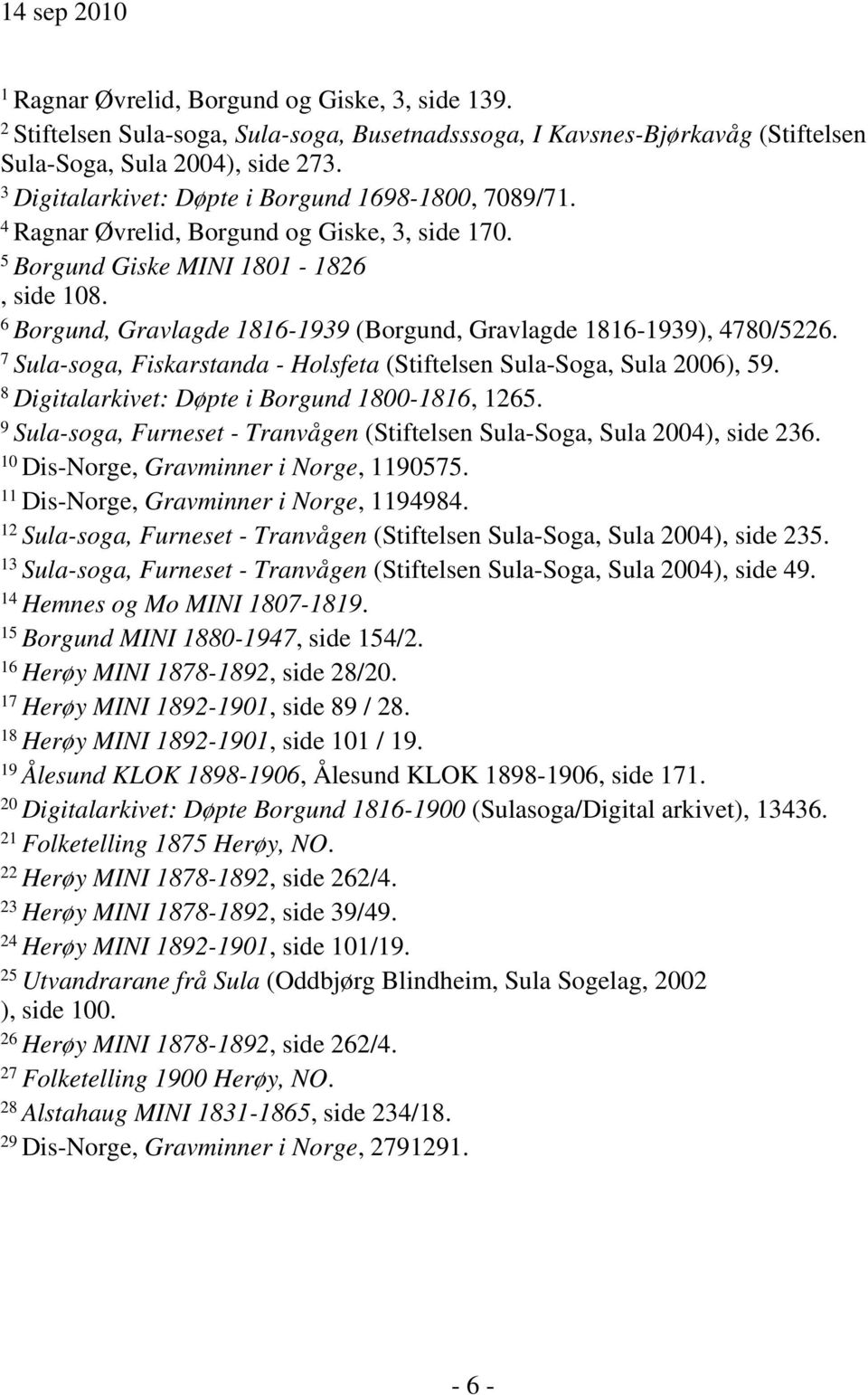 6 Borgund, Gravlagde 1816-1939 (Borgund, Gravlagde 1816-1939), 4780/5226. 7 Sula-soga, Fiskarstanda - Holsfeta (Stiftelsen Sula-Soga, Sula 2006), 59. 8 Digitalarkivet: Døpte i Borgund 1800-1816, 1265.