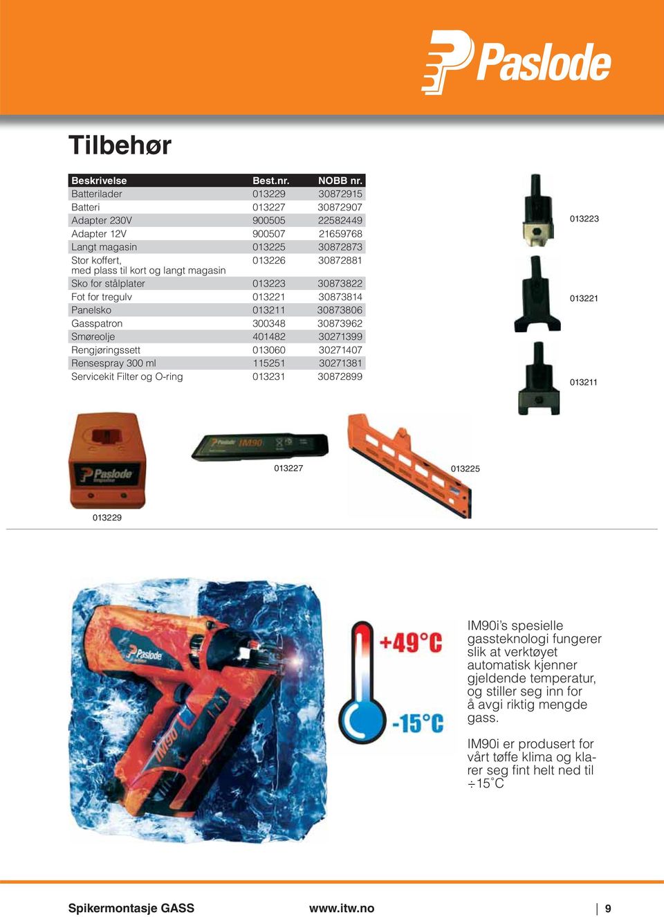 magasin Sko for stålplater 013223 30873822 Fot for tregulv 013221 30873814 Panelsko 013211 30873806 Gasspatron 300348 30873962 Smøreolje 401482 30271399 Rengjøringssett 013060 30271407 Rensespray