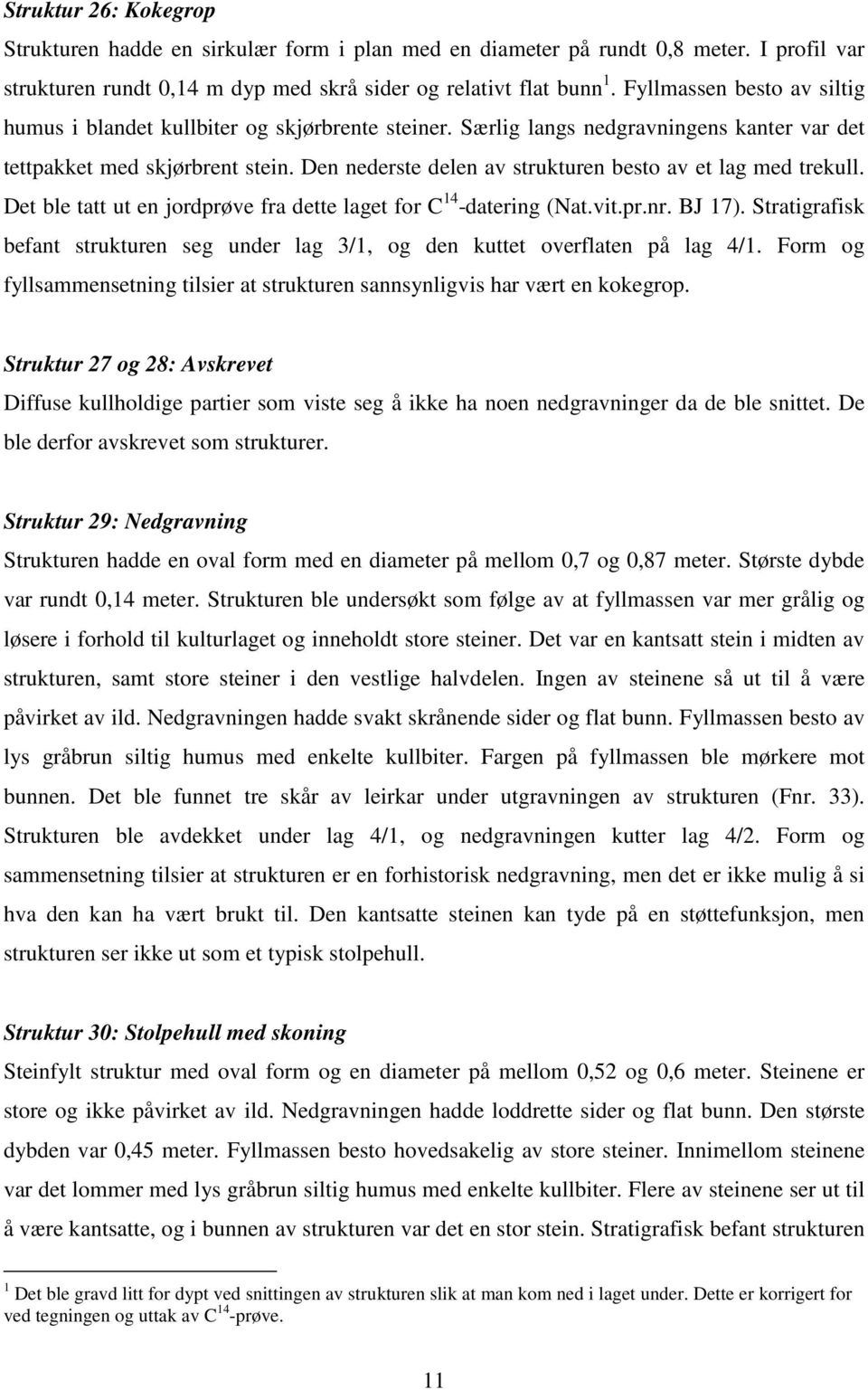 Den nederste delen av strukturen besto av et lag med trekull. Det ble tatt ut en jordprøve fra dette laget for C 14 -datering (Nat.vit.pr.nr. BJ 17).