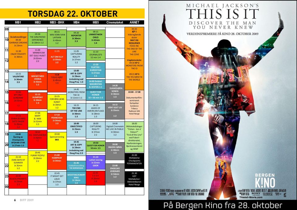 RESSURSER 1t 23min FOOD INC THE END OF THE 11:05 LINE THE COVE 10 ENJOY POVERTY 13:15 VALENTINO 1t 36min 15:00 MY ONLY SUNSHINE 2t 01min 17:15 EMMA BLANKS SISTE DAGER 1t 29min 19:00 Åpning av