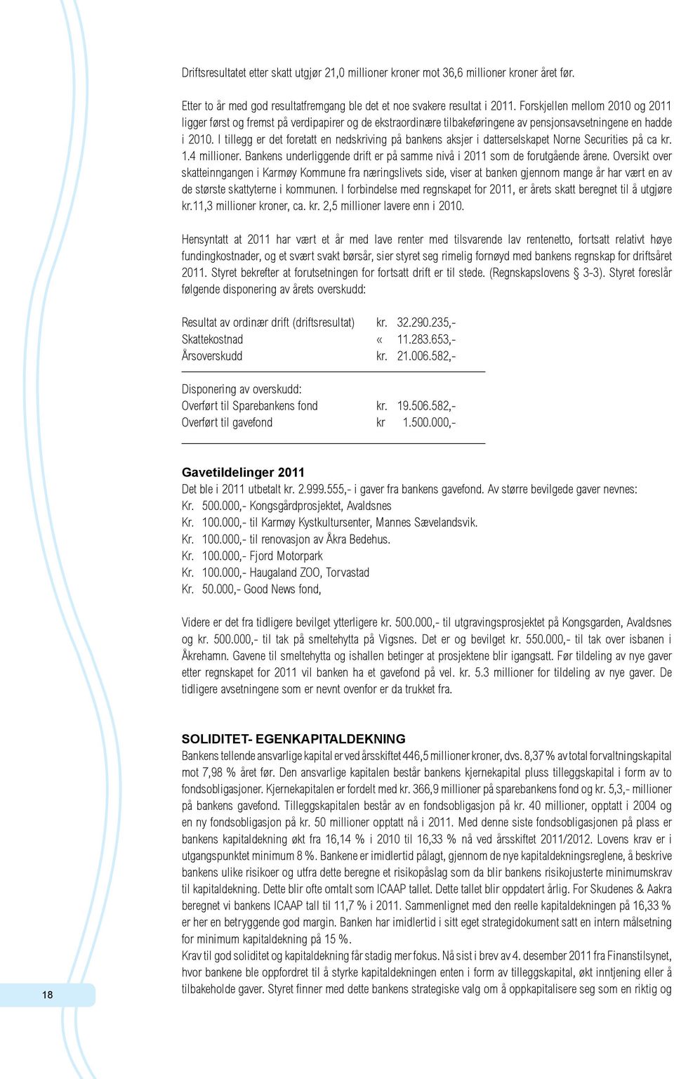 I tillegg er det foretatt en nedskriving på bankens aksjer i datterselskapet Norne Securities på ca kr. 1.4 millioner. Bankens underliggende drift er på samme nivå i 2011 som de forutgående årene.