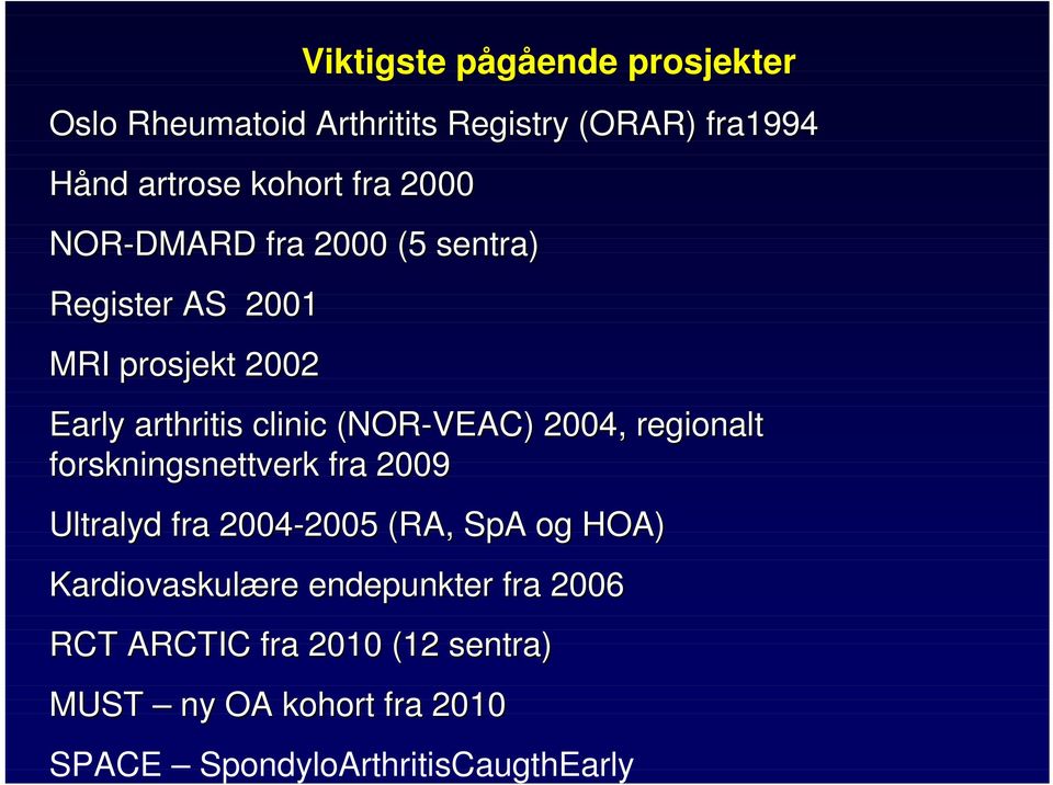 forskningsnettverk fra 2009 Ultralyd fra 2004-2005 2005 (RA, SpA og HOA) Kardiovaskulære re endepunkter fra