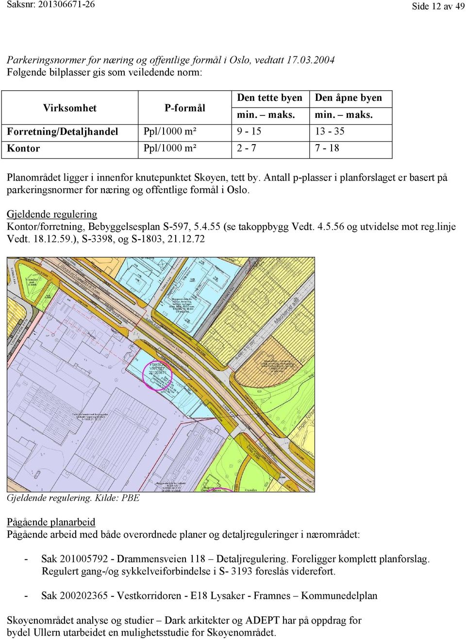 Antall p-plasser i planforslaget er basert på parkeringsnormer for næring og offentlige formål i Oslo. Gjeldende regulering Kontor/forretning, Bebyggelsesplan S-597, 5.4.55 (se takoppbygg Vedt. 4.5.56 og utvidelse mot reg.