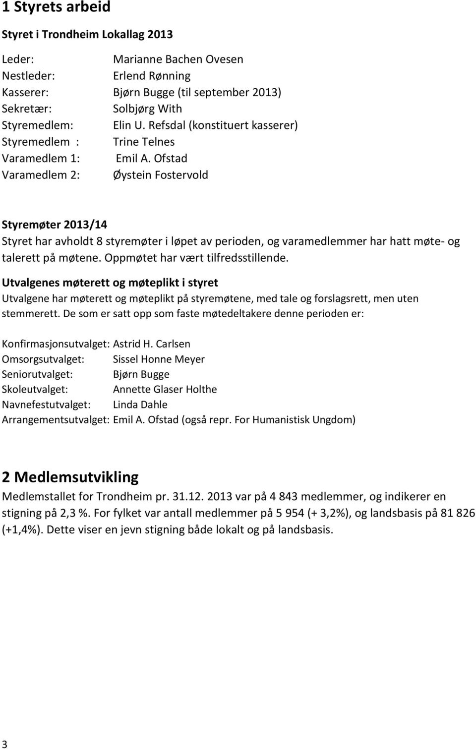 Ofstad Varamedlem 2: Øystein Fostervold Styremøter 2013/14 Styret har avholdt 8 styremøter i løpet av perioden, og varamedlemmer har hatt møte- og talerett på møtene.