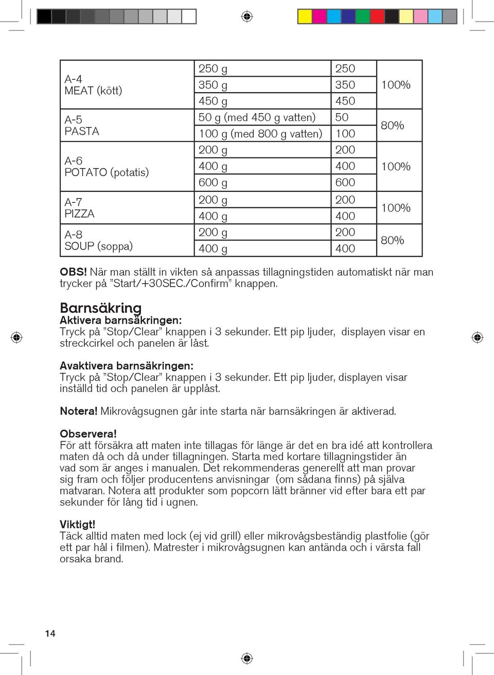 Barnsäkring Aktivera barnsäkringen: Tryck på Stop/Clear knappen i 3 sekunder. Ett pip ljuder, displayen visar en streckcirkel och panelen är låst.