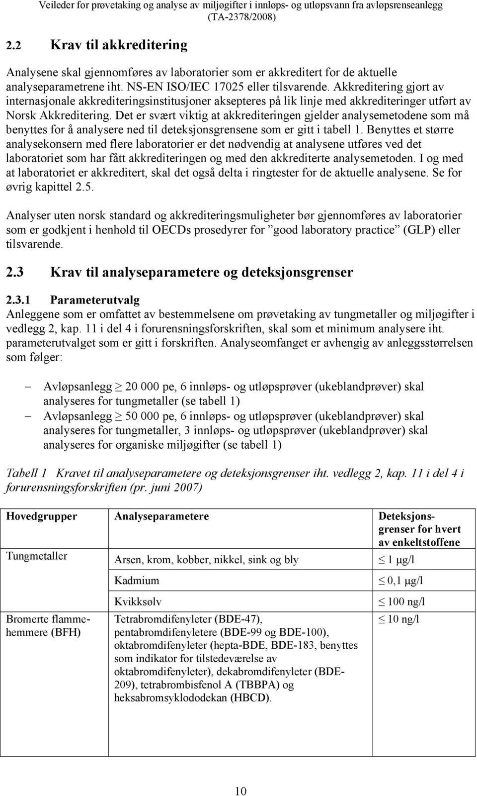 Det er svært viktig at akkrediteringen gjelder analysemetodene som må benyttes for å analysere ned til deteksjonsgrensene som er gitt i tabell 1.