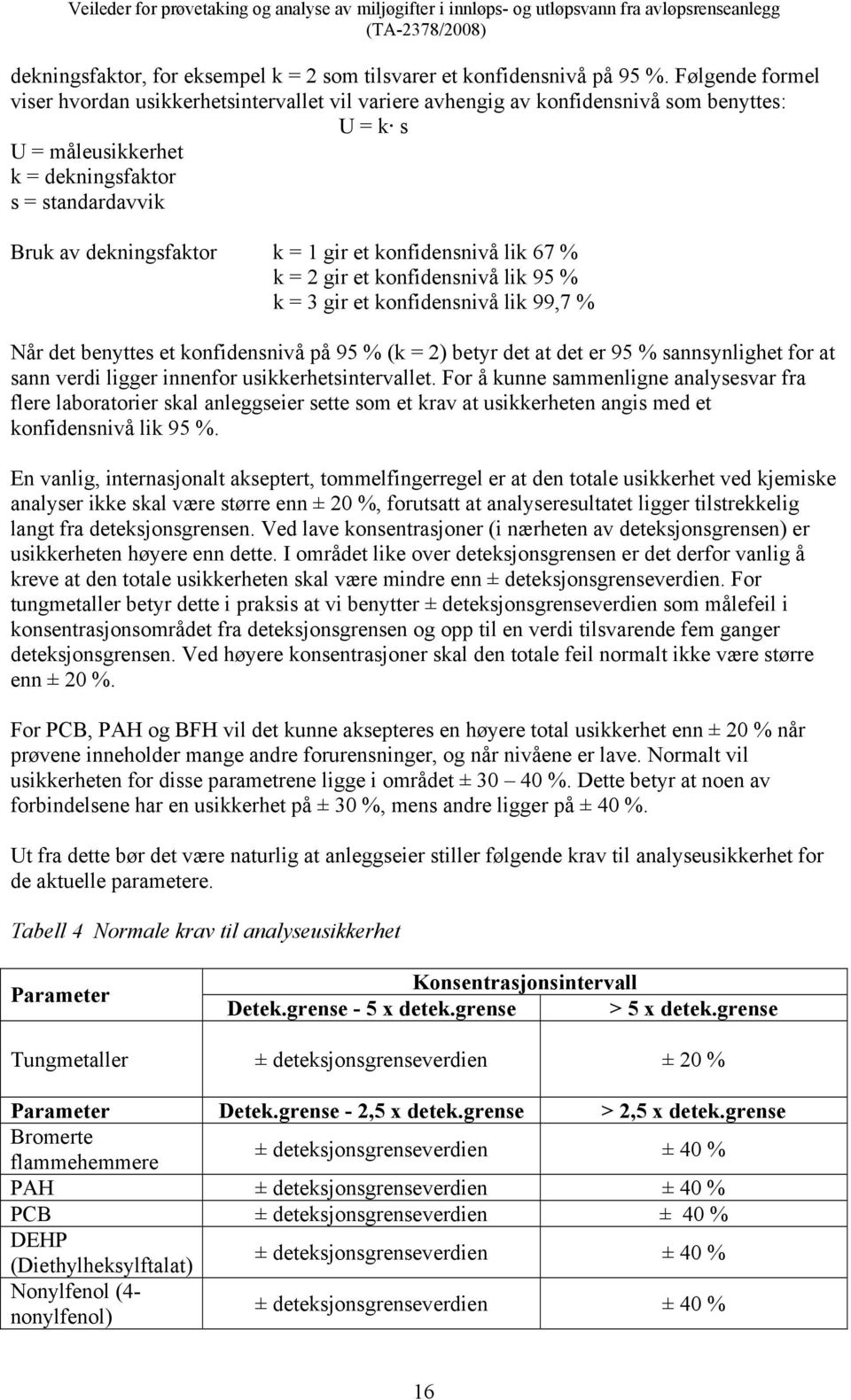 gir et konfidensnivå lik 67 % k = 2 gir et konfidensnivå lik 95 % k = 3 gir et konfidensnivå lik 99,7 % Når det benyttes et konfidensnivå på 95 % (k = 2) betyr det at det er 95 % sannsynlighet for at