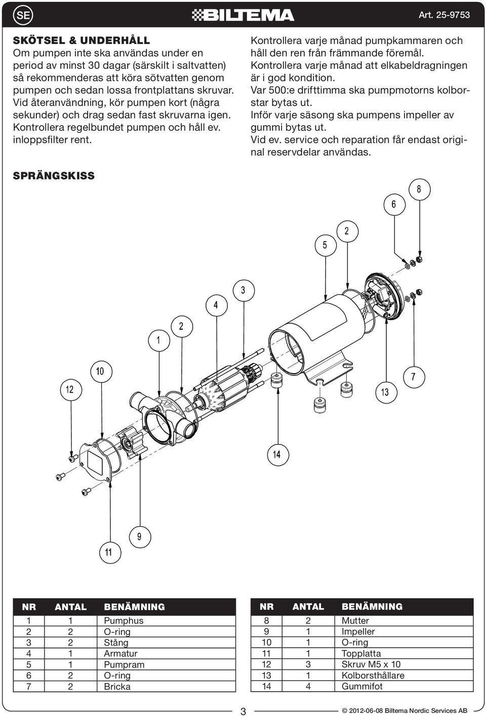 Kontrollera varje månad pumpkammaren och håll den ren från främmande föremål. Kontrollera varje månad att elkabeldragningen är i god kondition. Var 5:e drifttimma ska pumpmotorns kolborstar bytas ut.