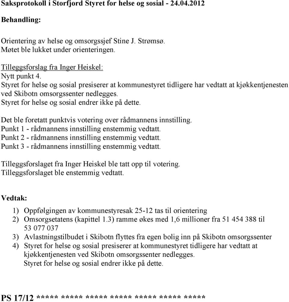 Det ble foretatt punktvis votering over rådmannens innstilling. Punkt 1 - rådmannens innstilling enstemmig vedtatt. Punkt 2 - rådmannens innstilling enstemmig vedtatt.