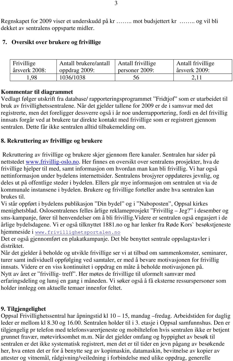 diagrammet Vedlagt følger utskrift fra database/ rapporteringsprogrammet Fridtjof som er utarbeidet til bruk av frivillighetssentralene.