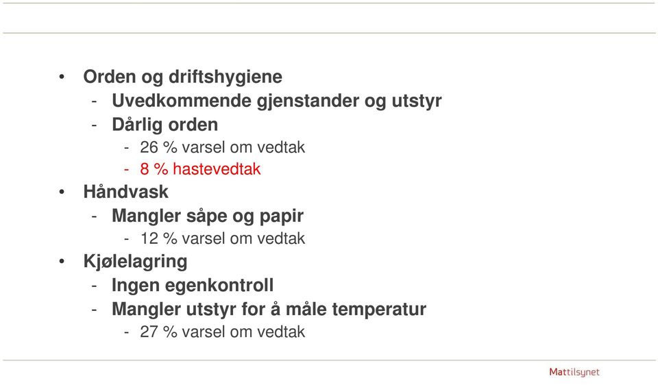 Mangler såpe og papir - 12 % varsel om vedtak Kjølelagring - Ingen