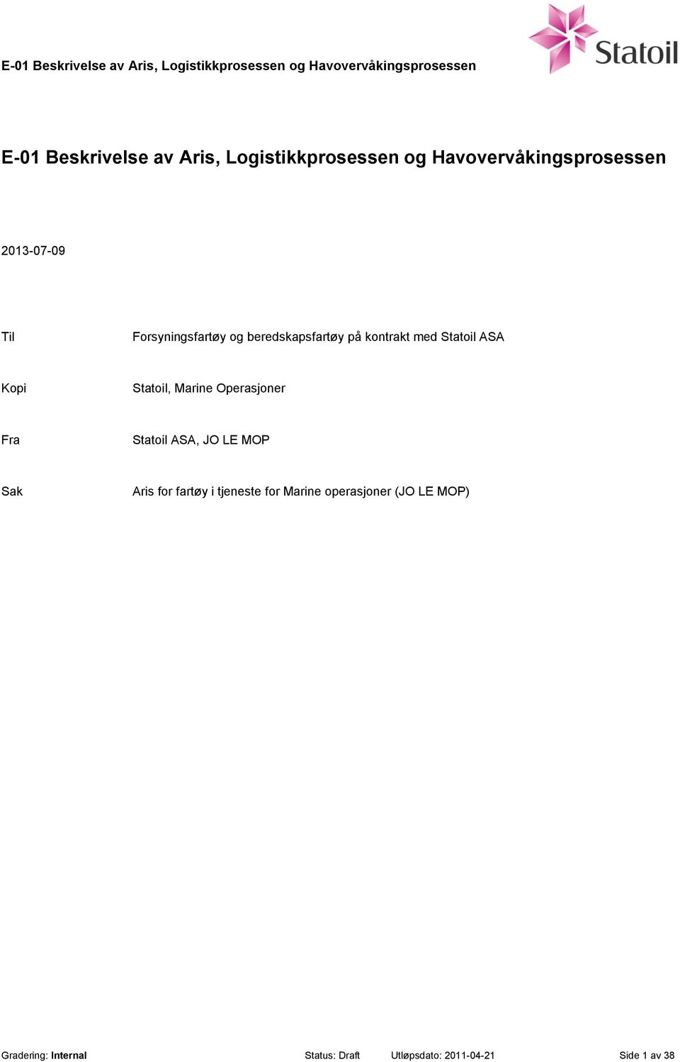 Operasjoner Fra Statoil ASA, JO LE MOP Sak Aris for fartøy i tjeneste for Marine