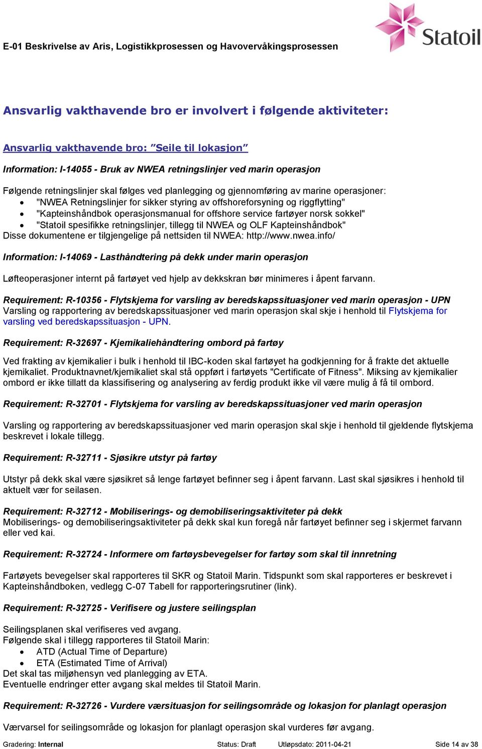 offshore service fartøyer norsk sokkel" "Statoil spesifikke retningslinjer, tillegg til NWEA og OLF Kapteinshåndbok" Disse dokumentene er tilgjengelige på nettsiden til NWEA: http://www.nwea.