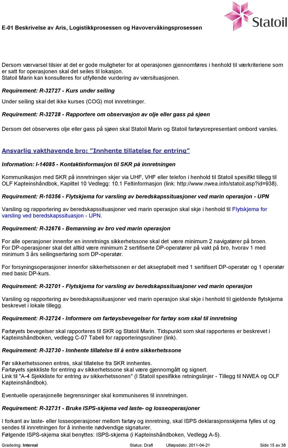 Requirement: R-32728 - Rapportere om observasjon av olje eller gass på sjøen Dersom det observeres olje eller gass på sjøen skal Statoil Marin og Statoil fartøysrepresentant ombord varsles.